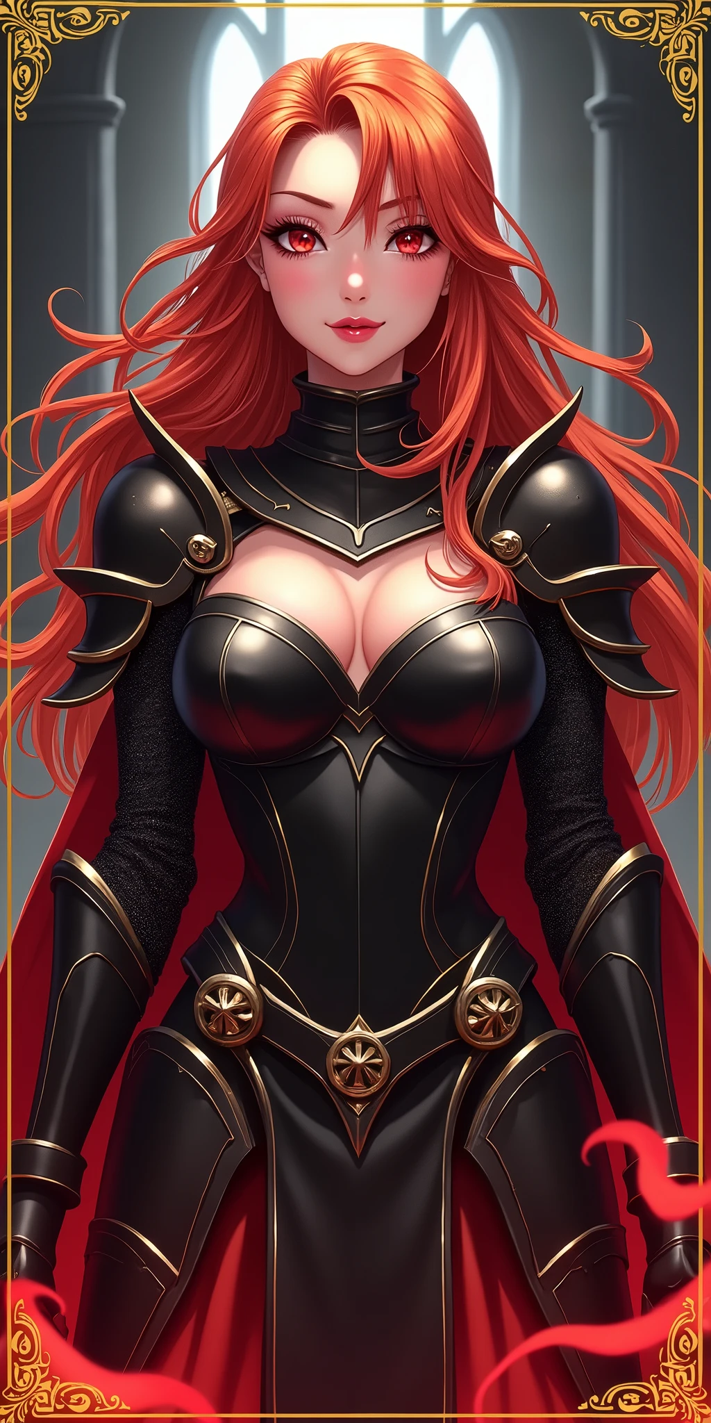 (best quality, ultra-detailed, photorealistic: 1.39), bright and vibrant colors, studio lighting, romantic expression, An effeminate girl, with a delicate and beautiful face. golden design on the edges of the image symbolizing rare underworld knight card, with golden edges on the card, golden haired, a female knight wearing dark armor, dark magic emanating from the armor, large breasts and flaming red hair, parted lips, seductive pose, domineering expression, evil smile, backdrop of dark castle ruins in the background, she is female knight, anime style, Anime Bishoujo