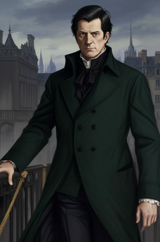 Highest quality, masterpiece, High resolution,，（Georges Jacques Danton），French，French Revolution politician，（French cityscape_background），Middle-aged men，Anime Style, 4K, alone，whole body， looking at the camera, ，Black Hair，Dark Green_coat， Hyper Detail, (Intricate details),