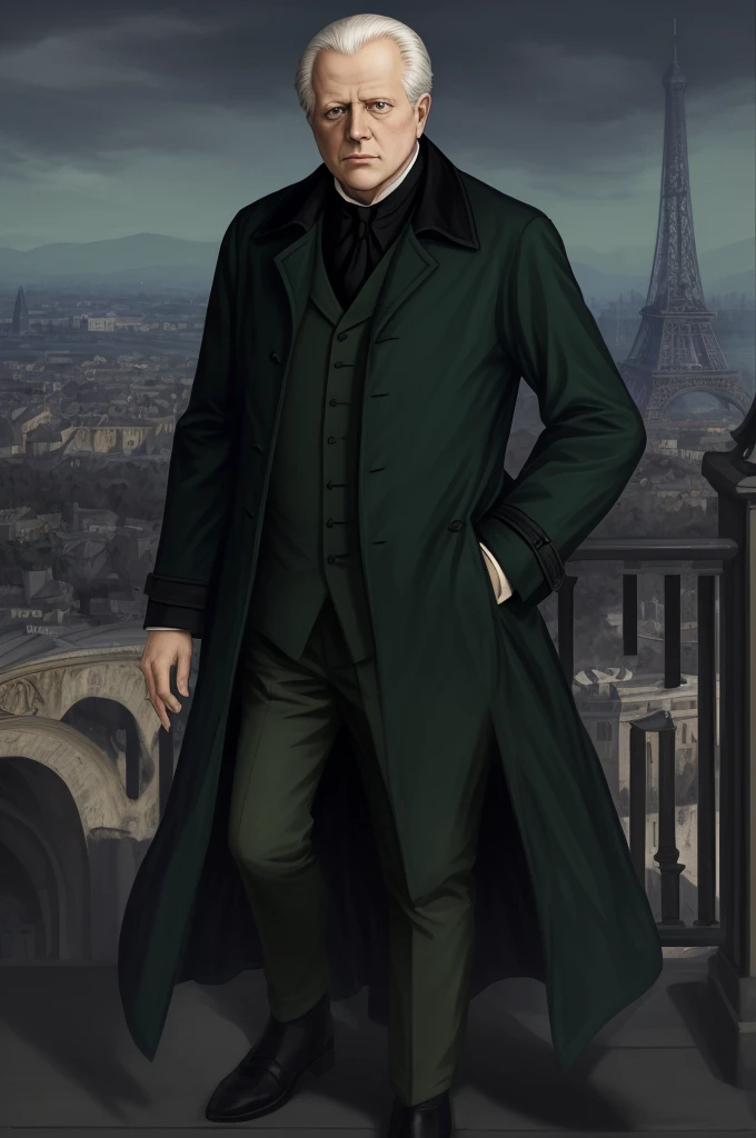 Highest quality, masterpiece, High resolution,，（Georges Jacques Danton），French，French Revolution politician，（French cityscape_background），Middle-aged men，Anime Style, 4K, alone，whole body， looking at the camera, ，Black Hair，Dark Green_coat， Hyper Detail, (Intricate details),