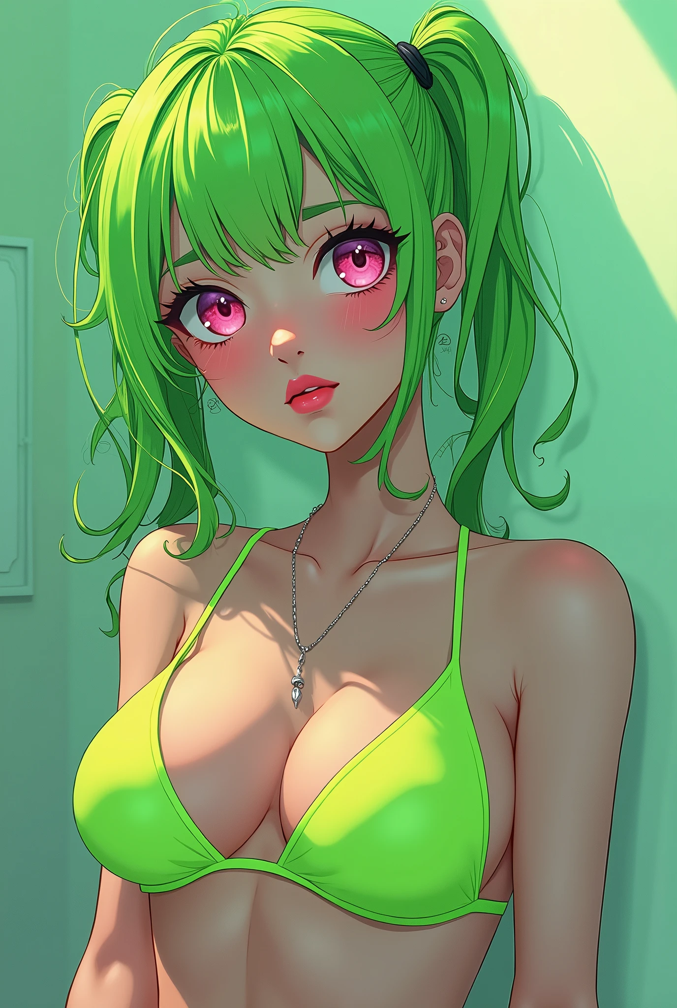 ulzzang, neon pink lipstick, huge tits, thick thighs, thin waist, sexy, lime green micro bikini, ((underboob)), (messy neon green hair), pink eyes, minimalist, lonely, cleavage, monochromatic neon green color palette, soft lighting, ((submissive)), blushing, ((abstract surreal background)), ((looking at viewer)), arms behind back, (anime style)),