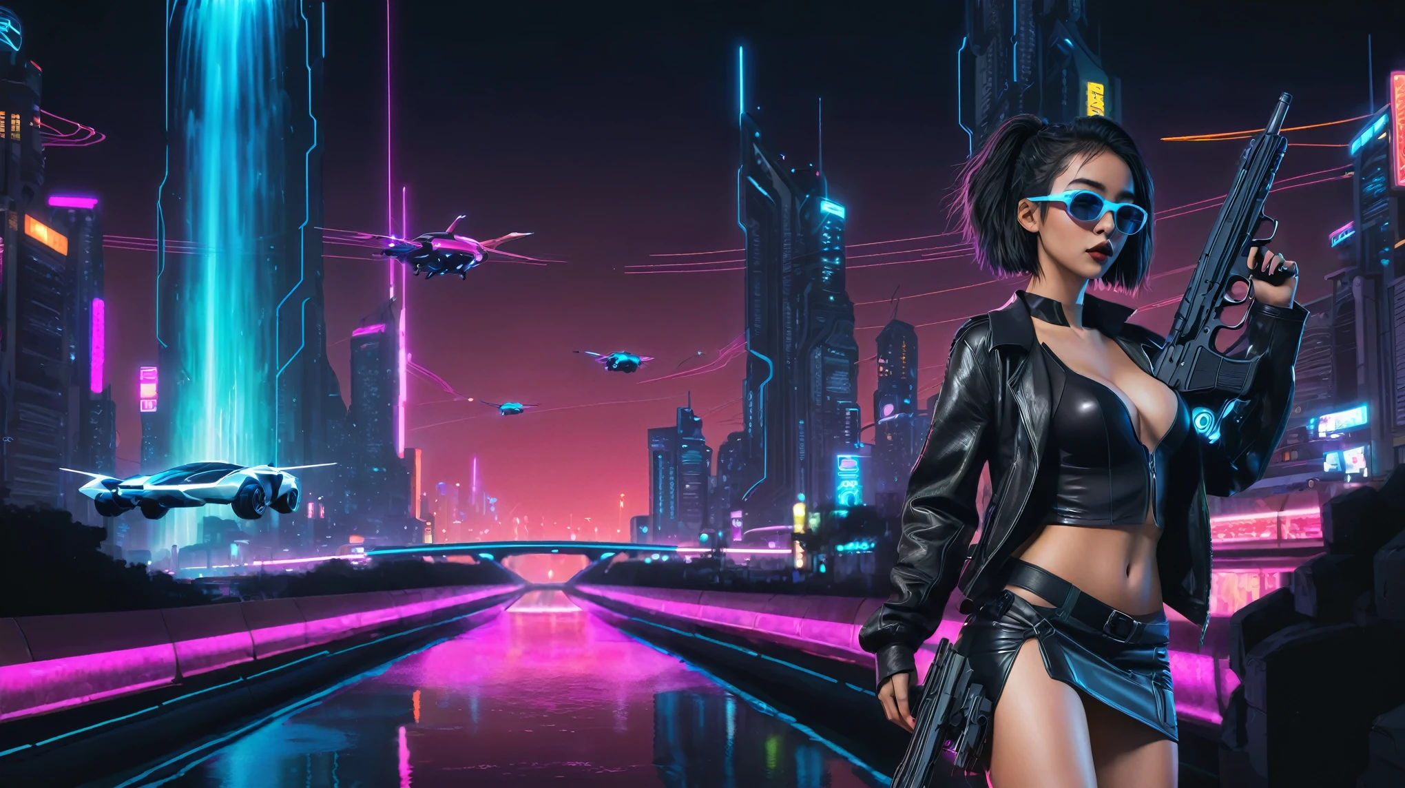 At night, simple outlined cyberpunk city, flying cars, neon waterfall, line art background. (1girl, solo), photo realistic, medium-breast:1.3 slim body, cleavage, sling top, miniskirt, black sunglasses, holding a short gun, half-body thigh level medium shot, cinematic lighting, ray tracing.