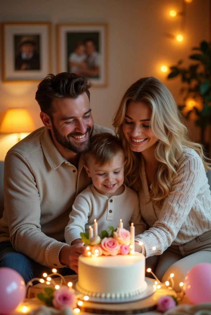 Father mother and son cutting cake for wedding anniversary 