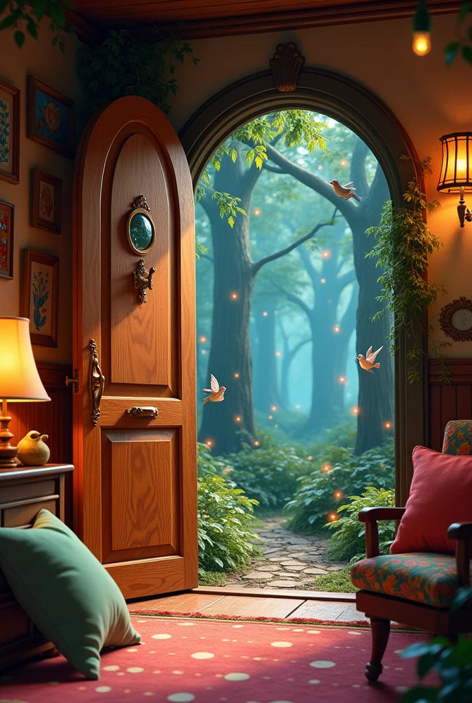 The interior of a room in a house that has an animated door where the other half of the image is the exterior of the house and you can see an animated forest 

