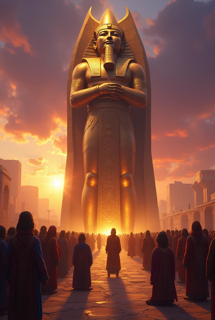In the heart of ancient Babylon, under a twilight sky, a towering statue stands 60 cubits high, head radiant with pure gold, chest and arms of silver, belly and thighs of bronze, legs of iron, feet a mix of iron and clay. The statue's head gleams with a warm golden hue, the chest and arms reflect a cool silver sheen, the belly and thighs glow with rich bronze tones, the legs appear strong and dark with iron, and the feet reveal a mix of iron and clay, hinting at fragility.
Thousands of Babylonians kneel in vibrant robes, foreheads touching the ground, arms outstretched.
Amidst them, three figures—Shadrach, Meshach, and Abednego—stand tall and unafraid. Clad in traditional Hebrew attire, their eyes reflect the statue's glow with an inner light.
The statue's metallic tones contrast sharply with the cooler colors of the kneeling crowd. Long shadows stretch towards the crowd from the statue.
Shadrach, Meshach, and Abednego, illuminated by a symbolic radiance, remain unbowed, their serene courage and unshakable faith a stark contrast to the surrounding fervor