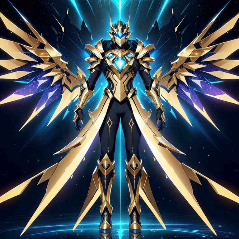 Mostre o capacete que esta na imagem e faça um 90% semelhante.. The image presents a highly detailed and futuristic armor designed for a male warrior. The armor combines elements from different parts to create a cohesive and powerful look.
Helmet: The helmet features a sleek, aerodynamic design with a golden metallic finish. It has a central crest that rises upwards, and the visor glows with a bright blue light, giving it a high-tech, futuristic appearance.
Pauldrons (Shoulder Pads): The shoulder pads are large and wing-like, curving outward and upward, with a polished golden finish. These pads extend slightly beyond the shoulders and include a sleek, angular design, providing both a majestic and powerful look.
Chest Plate: The chest plate is intricately segmented, with a combination of gold and dark metallic blue. It has a gem-like crystal in the center that emits a soft, mystical glow. The design of the chest plate is both protective and regal, with sharp, angular lines that add to the overall futuristic aesthetic.
Arm Guards: The arm guards are sleek and streamlined, with articulated golden and purple segments that offer flexibility and protection. The design of the gauntlets is both robust and elegant, incorporating futuristic elements that blend with the classic style.
Leg Armor: The legs are armored with segmented plates that are primarily gold and purple. The boots are angular and sturdy, with a design that conveys both strength and agility. The overall look of the leg armor is grounded yet sleek, completing the ensemble with a powerful stance.
The background of the image is a dark cosmic scene, filled with distant stars and nebulae that highlight the polished surfaces of the armor. Dynamic lighting is used to emphasize the key features, particularly the glowing visor and central chest gem, reinforcing the mystical and imposing nature of the warrior.