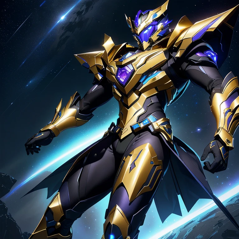 Mostre o capacete que esta na imagem e faça um 90% semelhante.. The image presents a highly detailed and futuristic armor designed for a male warrior. The armor combines elements from different parts to create a cohesive and powerful look.
Helmet: The helmet features a sleek, aerodynamic design with a golden metallic finish. It has a central crest that rises upwards, and the visor glows with a bright blue light, giving it a high-tech, futuristic appearance.
Pauldrons (Shoulder Pads): The shoulder pads are large and wing-like, curving outward and upward, with a polished golden finish. These pads extend slightly beyond the shoulders and include a sleek, angular design, providing both a majestic and powerful look.
Chest Plate: The chest plate is intricately segmented, with a combination of gold and dark metallic blue. It has a gem-like crystal in the center that emits a soft, mystical glow. The design of the chest plate is both protective and regal, with sharp, angular lines that add to the overall futuristic aesthetic.
Arm Guards: The arm guards are sleek and streamlined, with articulated golden and purple segments that offer flexibility and protection. The design of the gauntlets is both robust and elegant, incorporating futuristic elements that blend with the classic style.
Leg Armor: The legs are armored with segmented plates that are primarily gold and purple. The boots are angular and sturdy, with a design that conveys both strength and agility. The overall look of the leg armor is grounded yet sleek, completing the ensemble with a powerful stance.
The background of the image is a dark cosmic scene, filled with distant stars and nebulae that highlight the polished surfaces of the armor. Dynamic lighting is used to emphasize the key features, particularly the glowing visor and central chest gem, reinforcing the mystical and imposing nature of the warrior.