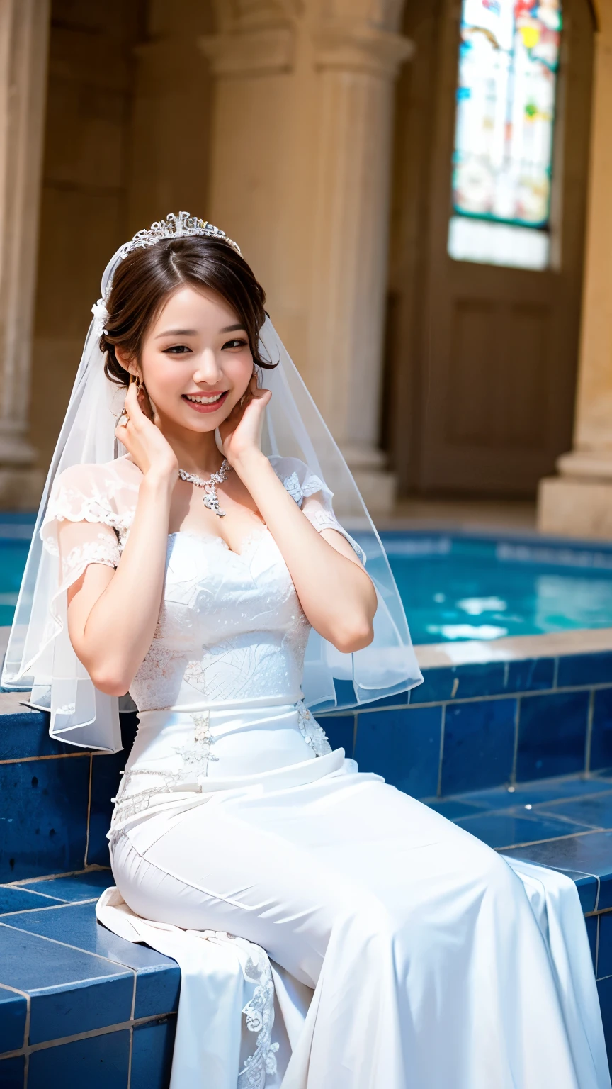 A beautiful bride wearing a pure white cape and long flare wedding dress is smiling shyly with her hands on her cheeks in a poolside chapel,(((Lift your chin and smile with the corners of your eyes down.))),Full-body 4K bird's-eye view shooting,Best image quality,Professional perspective,Excellent detail,Ultra-high resolution,Realistic:1.4),Attention to detail,Attention to detail,One girl is concentrating,beautiful chestnut hair,Beautiful face with a delicate and high nose,Model-like long limbs and a slim waist,White stiletto heels,Smile with eyebrows and corners of the mouth raised,