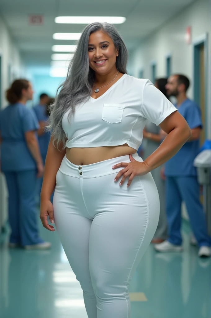 Nurse, extremely big ass, extremely wide hips, massive butt, grey hair, white leggings