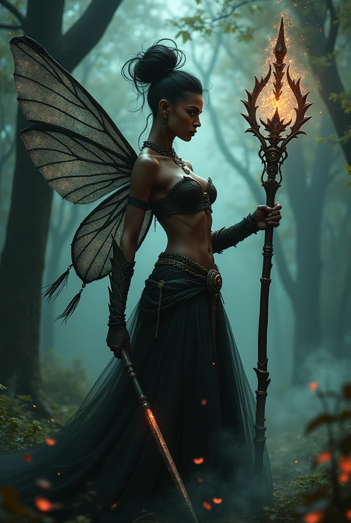 Evil Fairy, dark skin, tomboy, undercut, wielding claymore and staff, muscular,