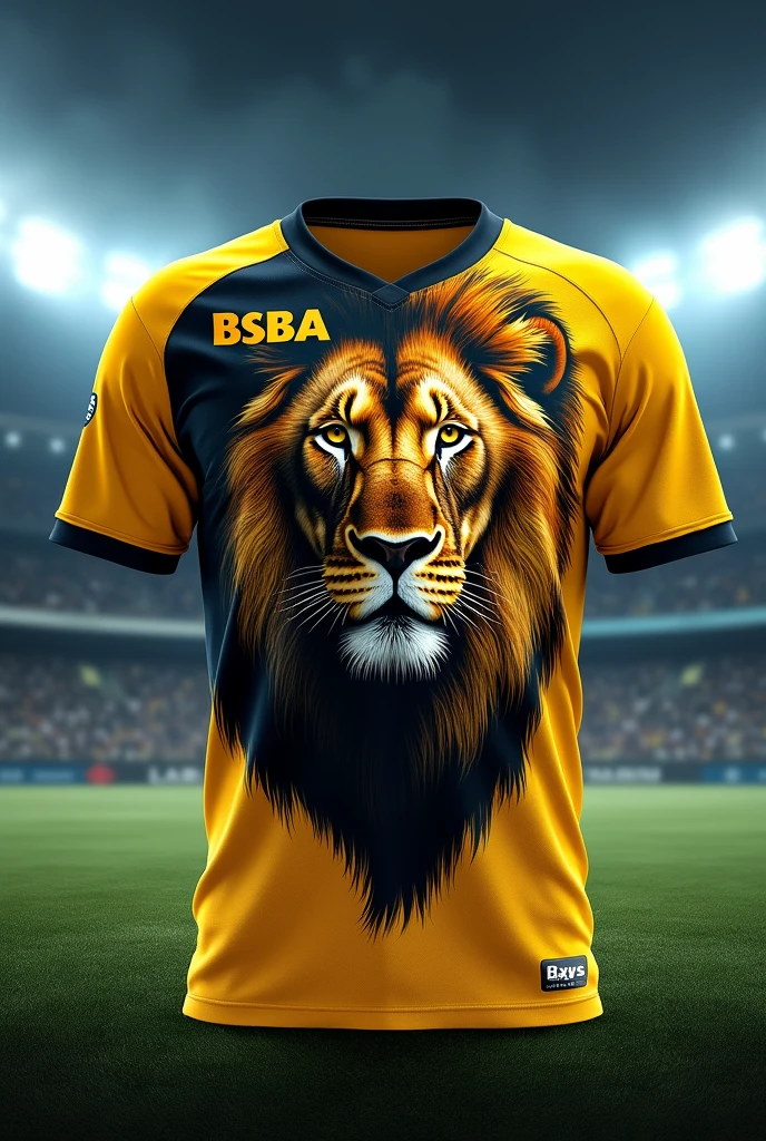 'first creat a" jersey shirt " were i can see the front and back with a color combination of yellow and black then put a tag name " BSBA " then drawing a lion behind the tag name only yellow and black color is used please a realistic one and fill the whole shirt of a head of a lion