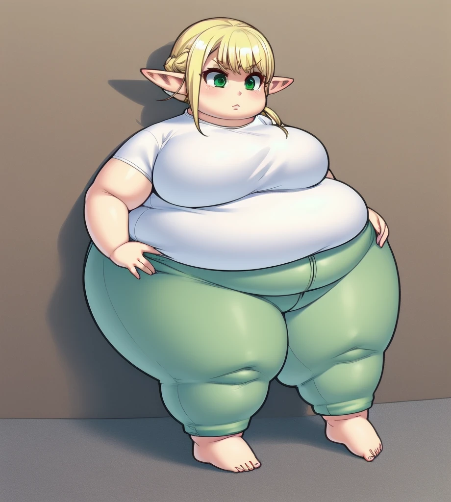 high quality, Pixel, 32 Bits, 1 solo girl, detailed eyes, obese erufuda, short hair, pointy ears, blonde hair, (green eyes:1.5), white t-shirt, green pants, barefoot, braid, big butt, big breasts, cute, thick thighs, ((Perfect body)), 4K