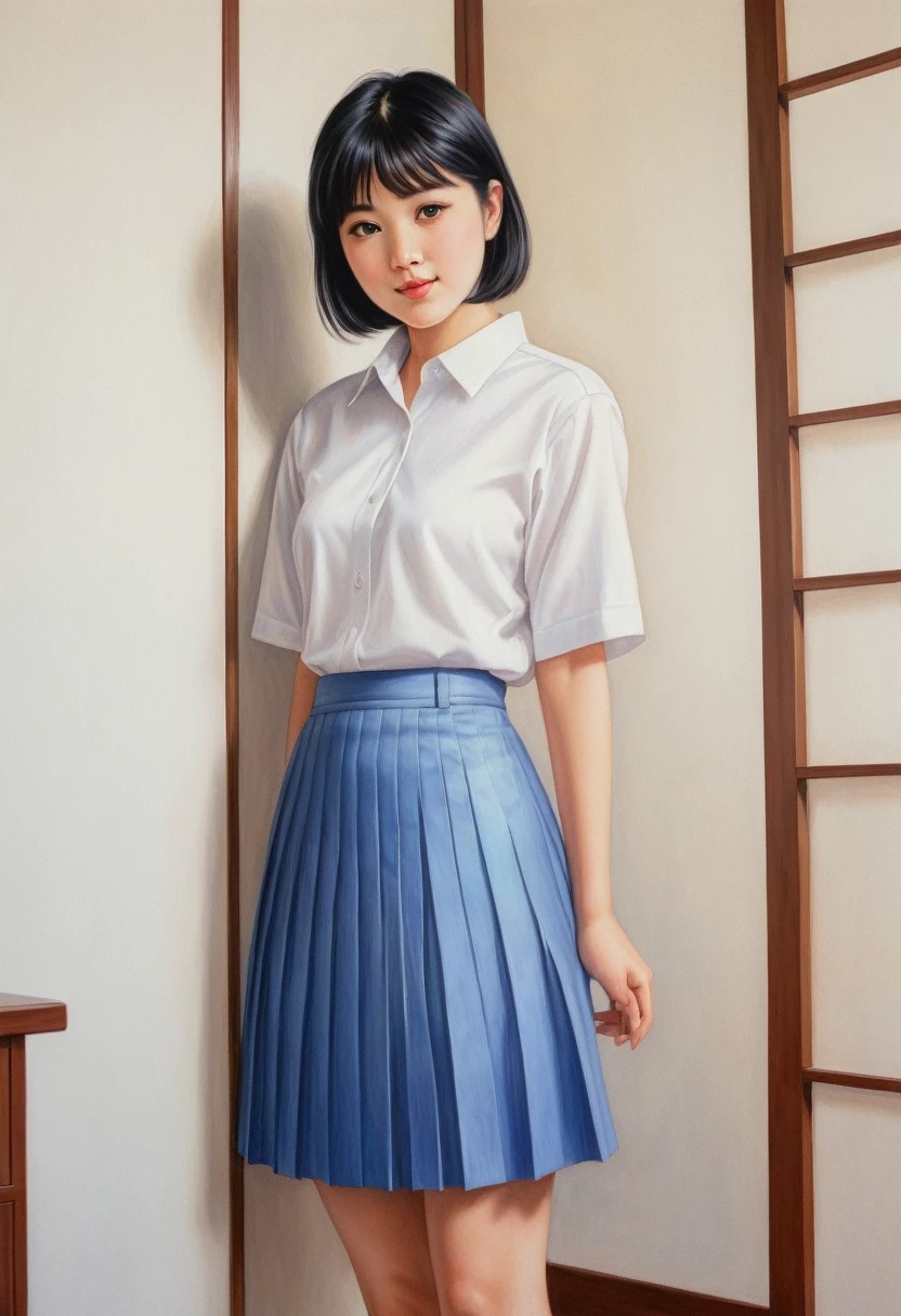 detailed colored pencil drawing, very beautiful Japanese girl, straight short black hair, white shirt, bluet pleated skirt, little chubby, standing tall, facing straight ahead, look at viewer, gentle smile, in room