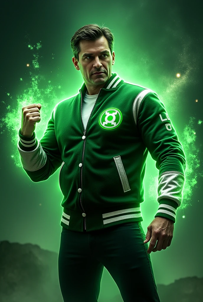 Generate an image of the Green Lantern with a new custom suit. I want his suit to include a Letterman's jacket