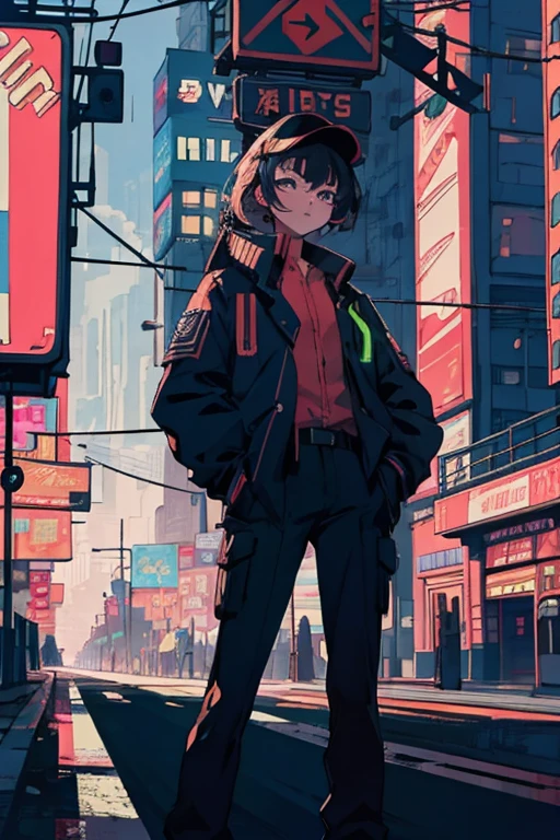 Better Quality, 4K Wallpaper, first work, Highly detailed CG uniform wallpaper 8k, Highly detailed eyes, Ultra-detailed, Intricate details, One person, Retro art style, Neon Art Style_pop, public, Outdoor, road signs, city, Put your hands in your pockets