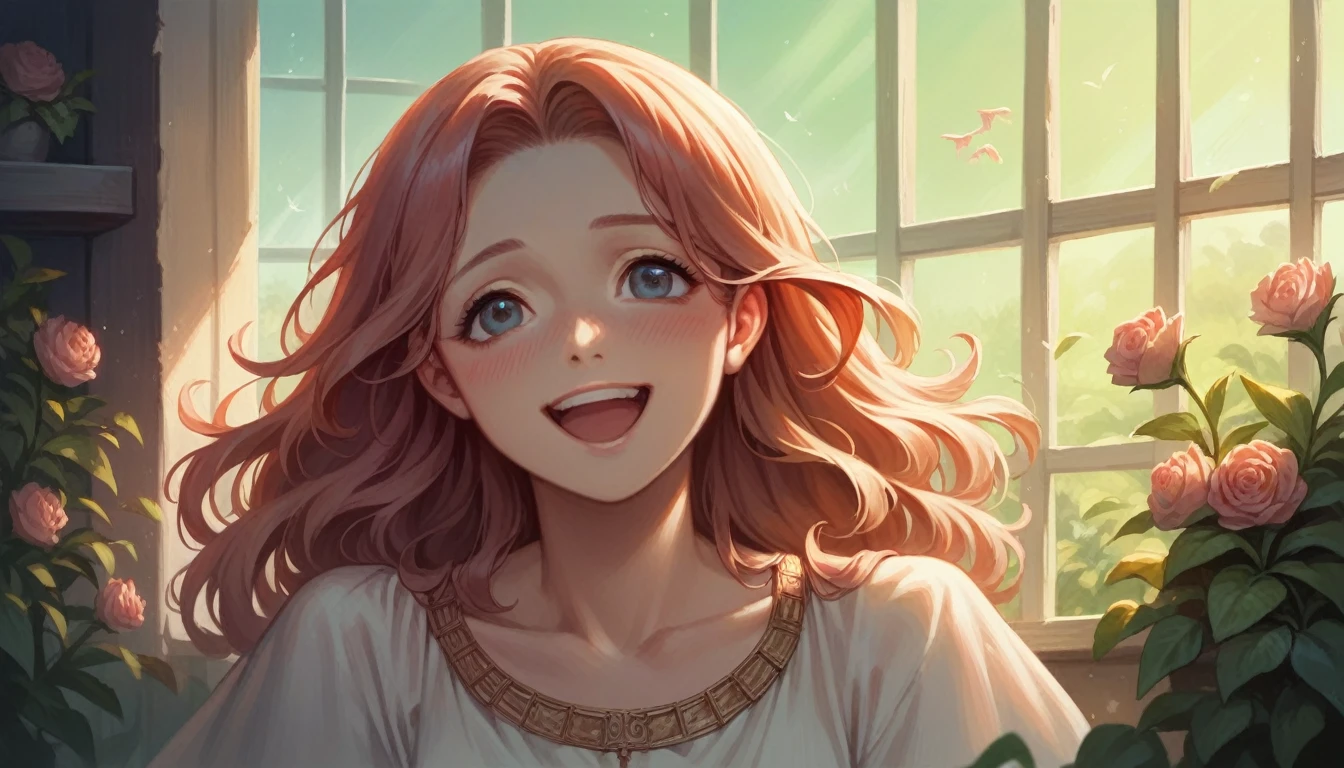 masterpiece, hyper detailed, insanely detailed, best quality, high quality, exquisite, beautiful, detailed, ultra detailed, FHD, Full-HD, woman, blissful, happy, shy, delightful, smiling, cel anime, hard-edged, looking up, at night