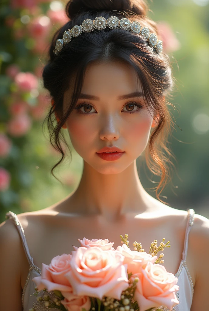 (masterpiece, best quality:1.5), highest quality, High resolution, super detailed, Realists, Upper body photo of a 22-year-old brunette bridesmaid, detailed and beautiful eyes, beautiful detailed lips, very detailed eyes and face, longeyelashes, 22-year-old woman in a silver short dress made of shiny satin fabric, Beautiful and colorful makeup, elegant and noble々Pose,shiny satin headband, grind, Holding flowers, Gardens as background, soft daylight, bright colors, fine brushstrokes, Portrait style, Noble details in the dress fabric, beautiful color palette, glowing skin, First-class rendering, that captures every detail, enchanting atmosphere, subtle shadows and lights, (perfect anatomy:1.2), (The stunning 22-year-old bridesmaid carries a basket of rose petals. looks surprised (magnificent panorama view:1.2)