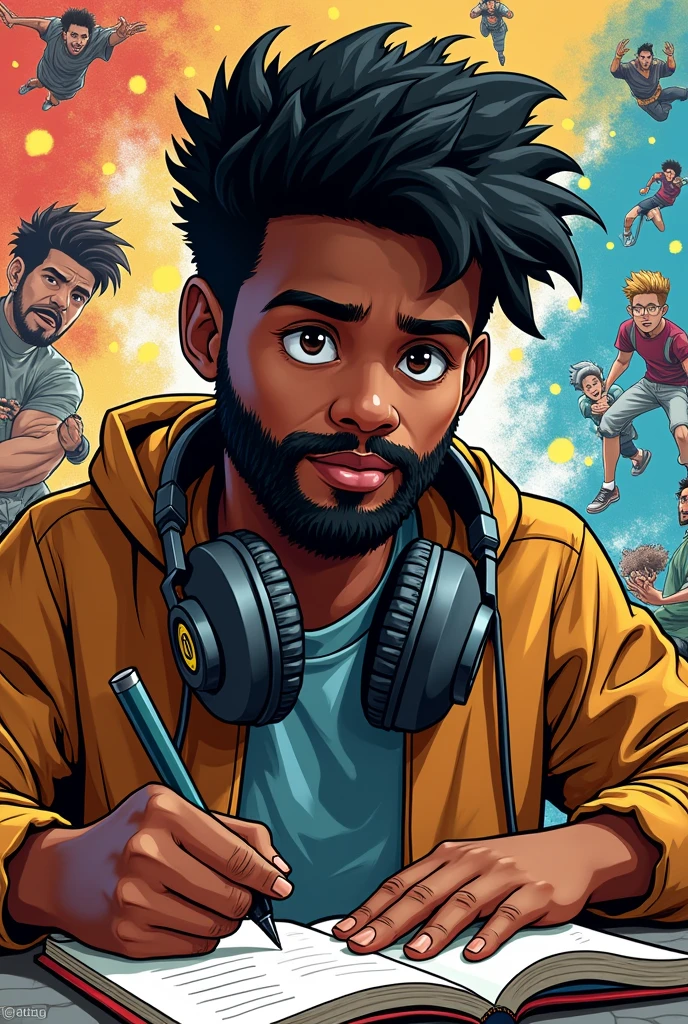 Create a profile picture icon for a teenage, dark-skinned manga writer with a trimmed beard..