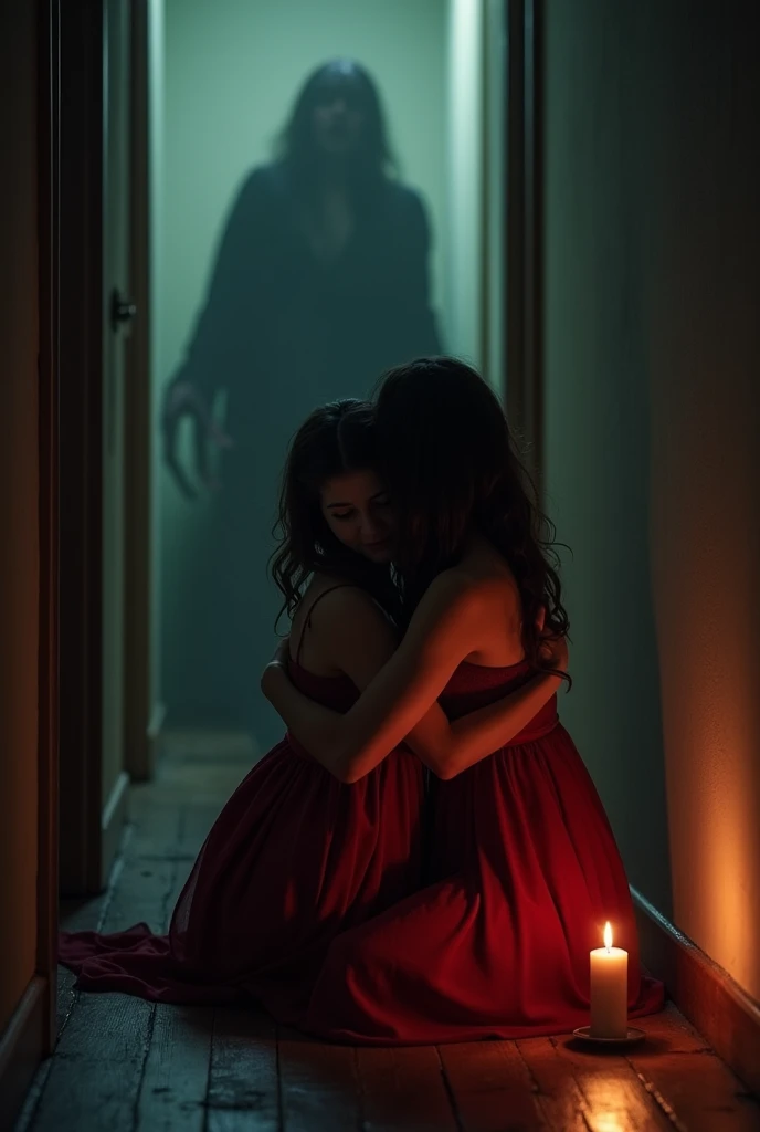 Draw A woman in a red dress is on her knees hugging her 15-year-old son in a completely dark hallway and an unlit candle next to her, In the background, a deformed shadow running towards them 