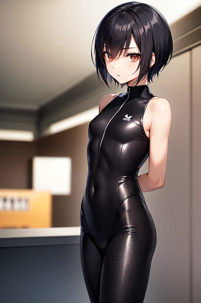 masterpiece, best quality,anime style, 1 girl,(((slender body))), (((small eyes,small breast))),(((athlete suit))), (beautiful face), (((short hair))), (((straight hair))), ((((black hair)))),detailed beautiful skin, (perfect hands, perfect anatomy),scream