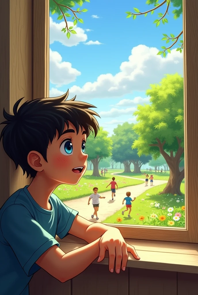 Teen boy seeing outside the window view of park