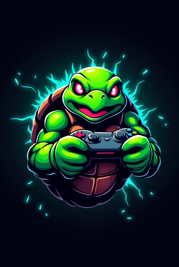 Turtle gamer logo neon green black with control bright eyes