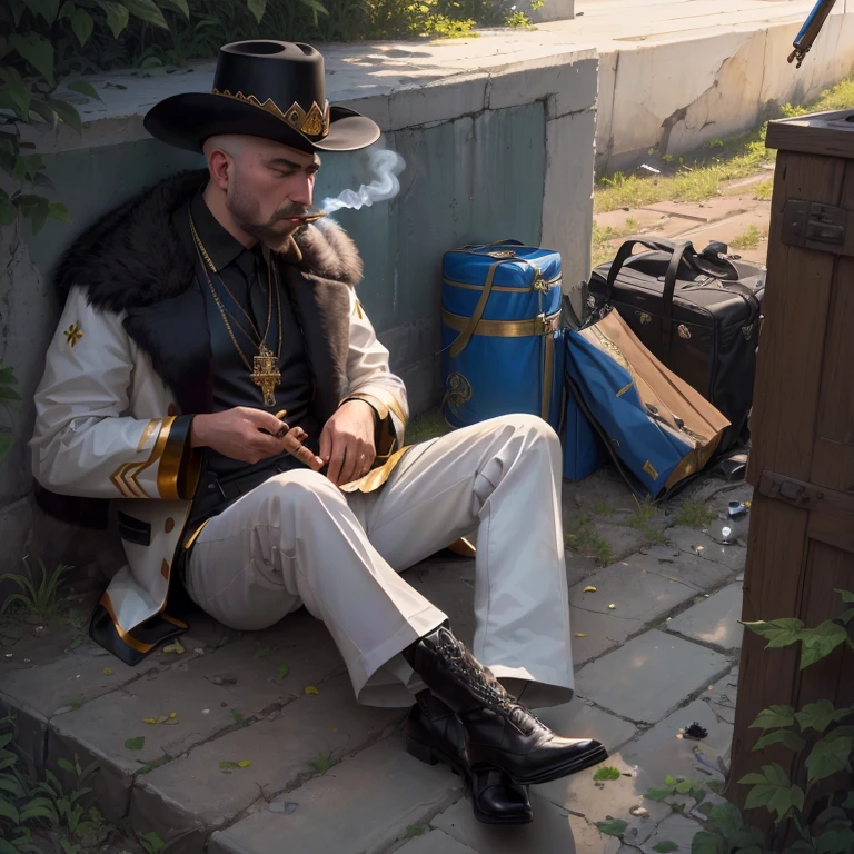 Arafed sits on the ground and smokes a cigarette, Encho Enchev, Leonid, andrey surnov, Vitaly Bulgarov, with a cigar, Andrey Ryabovicheva, Azimov, Vitaly Bugarov, dmitry prozorov style, Alexey Gurylev, Maxim Shirkov, Ilya Vivishinov's style