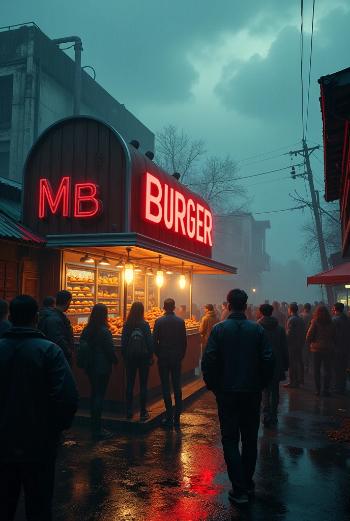 Background: A big burger stall name is "MB",30 People crowed around the burger stall. The burger stall is fully see and the burger stall is middle .left and right space is open.
Scenery: The picture is after raining.
Details: Conceptual art,dark fantasy.The picture ratio 9:16
