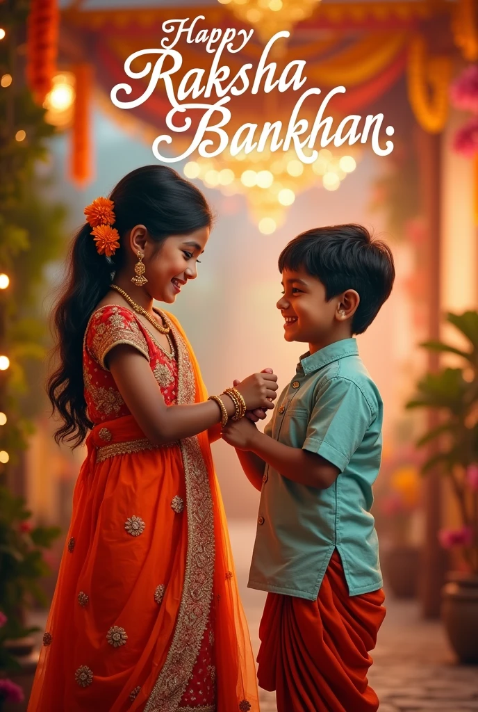 Indian Girl and boy celebrate raksha Bandhan and happy raksha Bandhan calligraphy text on the front of image realistic photography