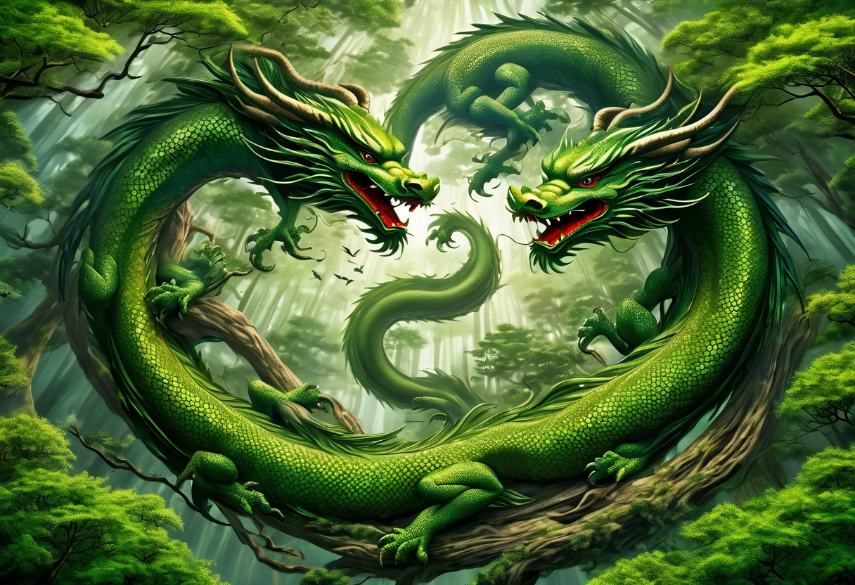 Bamboo Forest, 2 fantasy oriental dragons Yin and Yang chase one another in circles disturbing the canopy of the forest, high fantasy, viewed from above looking down at an angle