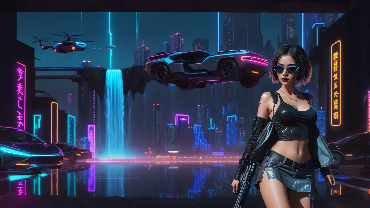 At night, simple outlined cyberpunk city, flying cars, neon waterfall, line art background. (1girl, solo), photo realistic, medium-:1.3 slim body, cleavag top, miniskirt, black sunglasses, holding a short gun, half-body thigh level medium shot, cinematic lighting, ray tracing.