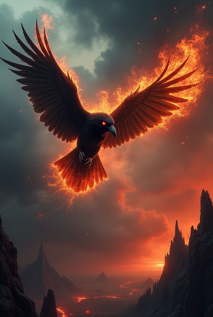 A crow from hell flying as the crow is on fire