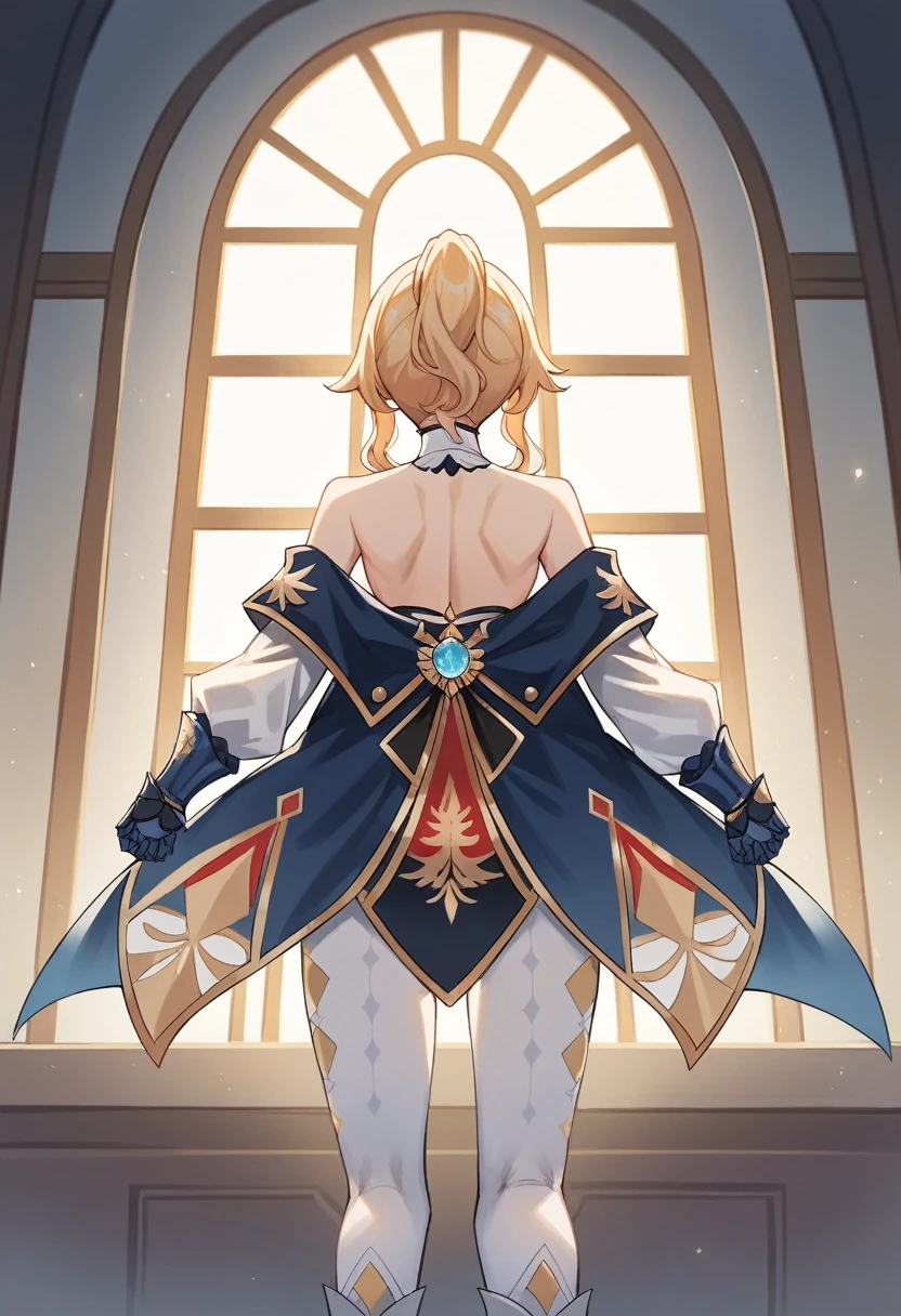 1 girl, Jean Gunnhildr, Genshin impact, strapless shirt, long blue tailcoa, pair of separate white sleeves, short blue and gold cloak attached to a white collar, white tights embroidered with a gold diamond-dot pattern, a pair of white high-heeled knee-high boots,a pair of blue gauntlets. Her shirt is white with red sections and black and gold trim, and there is a golden Knights of Favonius crest on the front, facing away from the viewer, looking out a window, back facing viewer