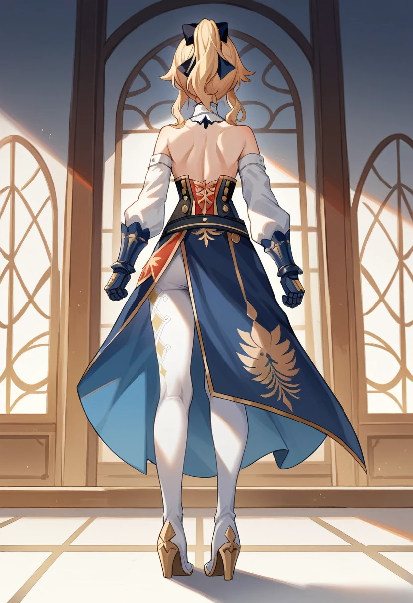 1 girl, Jean Gunnhildr, Genshin impact, strapless shirt, long blue tailcoa, pair of separate white sleeves, short blue and gold cloak attached to a white collar, white tights embroidered with a gold diamond-dot pattern, a pair of white high-heeled knee-high boots,a pair of blue gauntlets. Her shirt is white with red sections and black and gold trim, and there is a golden Knights of Favonius crest on the front, facing away from the viewer, looking out a window, back facing viewer