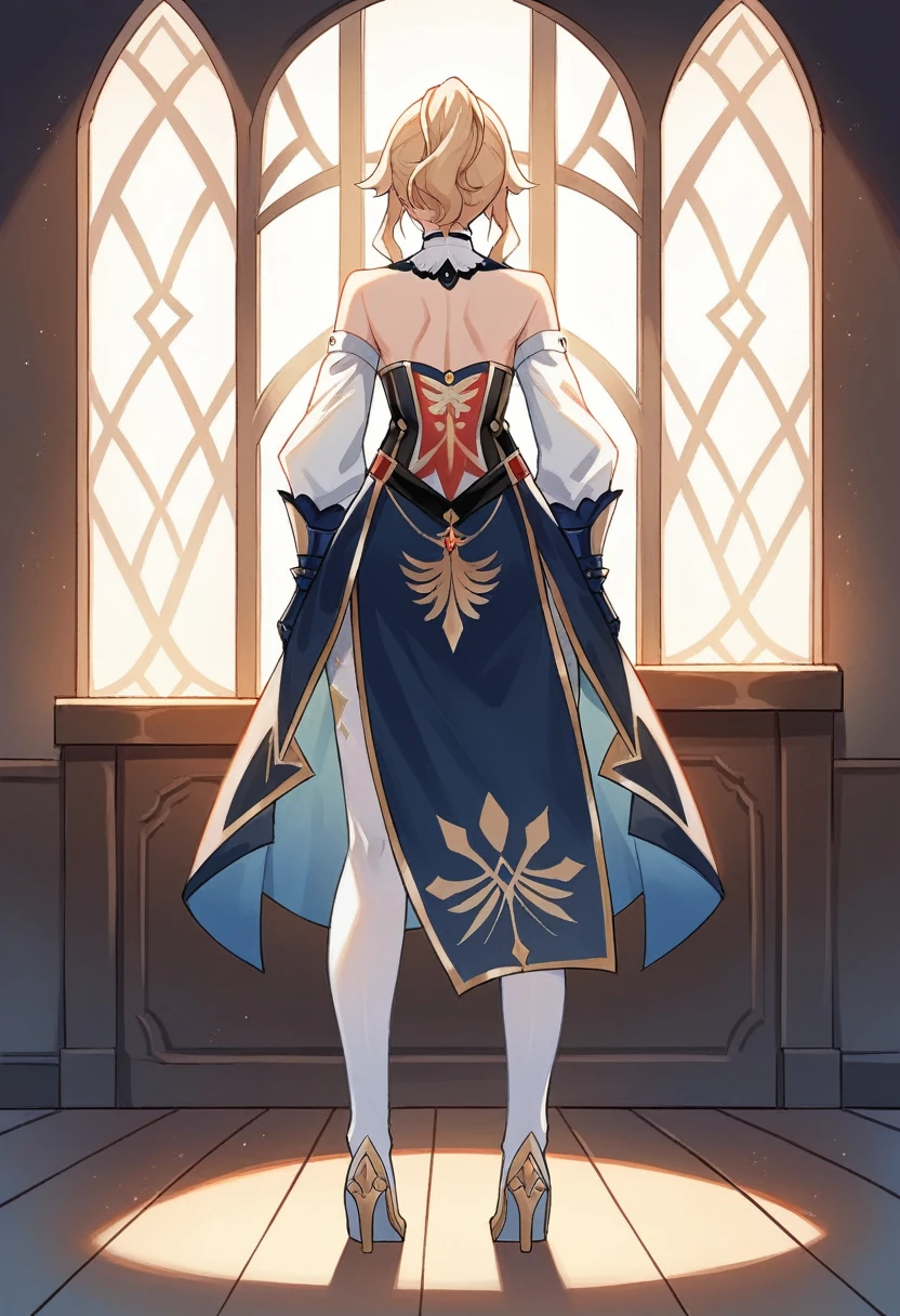 1 girl, Jean Gunnhildr, Genshin impact, strapless shirt, long blue tailcoa, pair of separate white sleeves, short blue and gold cloak attached to a white collar, white tights embroidered with a gold diamond-dot pattern, a pair of white high-heeled knee-high boots,a pair of blue gauntlets. Her shirt is white with red sections and black and gold trim, and there is a golden Knights of Favonius crest on the front, facing away from the viewer, looking out a window, back facing viewer