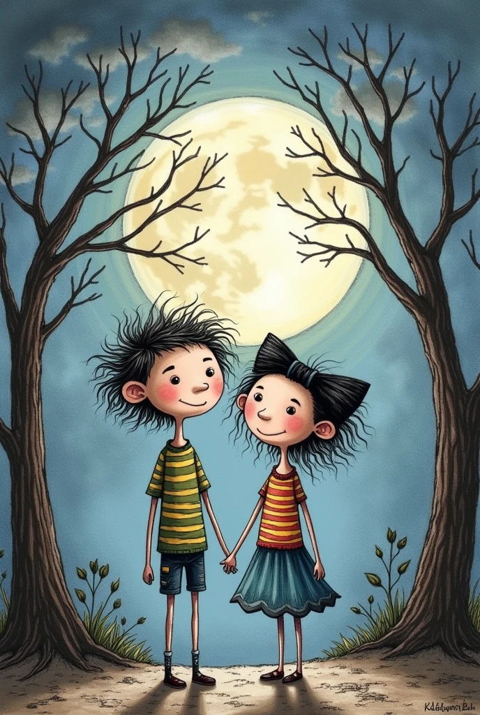 A drawing in the style of those Tim Burton used to make for his wife Helena with crayons, a romantic depiction of a boy and a girl, easy to draw with scribbles.