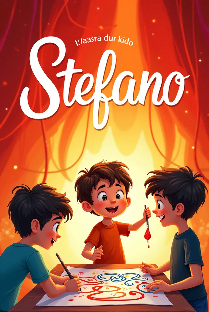IMAGE FOR CHILD'S COVER NAMED STEFANO, SPANISH CALLIGRAPHY COURSE, VERSION ANIMES, RED IMAGE BACKGROUND, HORIZONTAL IMAGE RESOLUTION 1024 X 688
