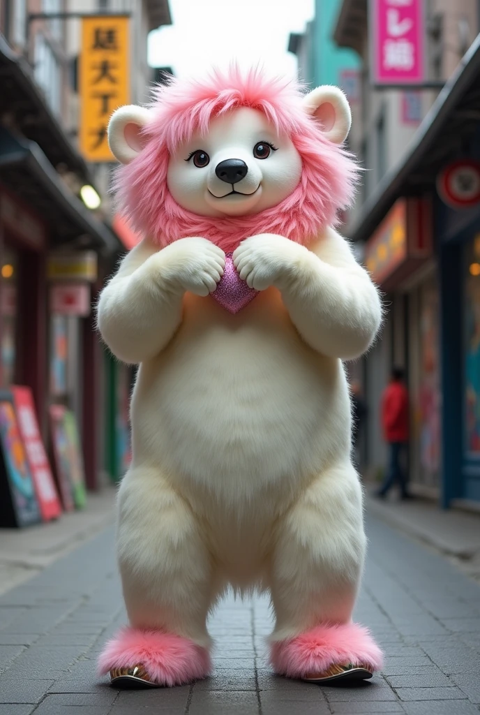 Polar bear with pink hair wearing high heels, in street, Making heart 