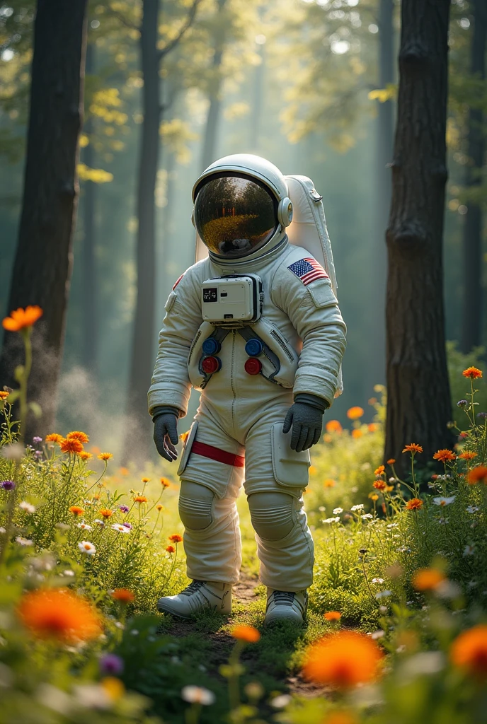 An American astronaut in a garden.