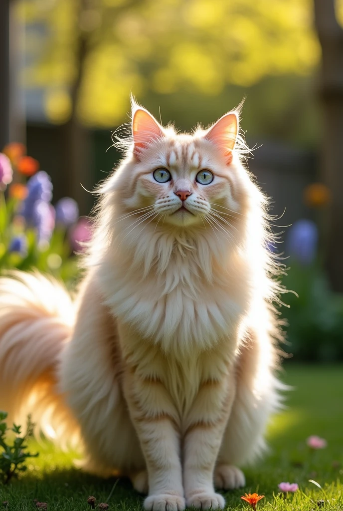 Generate a female Maine Coon cat with fluffy and soft fur. Her fur color will be pale blonde and she will have a fluffy tail. And her eyes are ice blue.