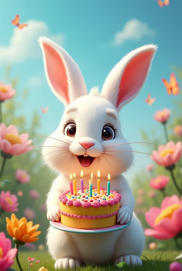 Rabbit facing forward holding a birthday cake 