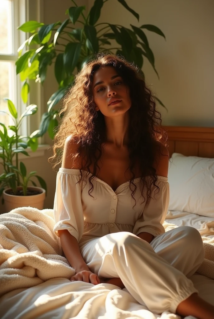 (photorealism:1.2), beautiful woman, sitting on bed, wearing loose off-shoulder top, pajama pants, long curly hair, indoors, soft lighting, plants in background, window with sunlight, cozy room, relaxed pose, realistic, intricate details, warm colors, by Greg Rutkowski, by Alphonse Mucha