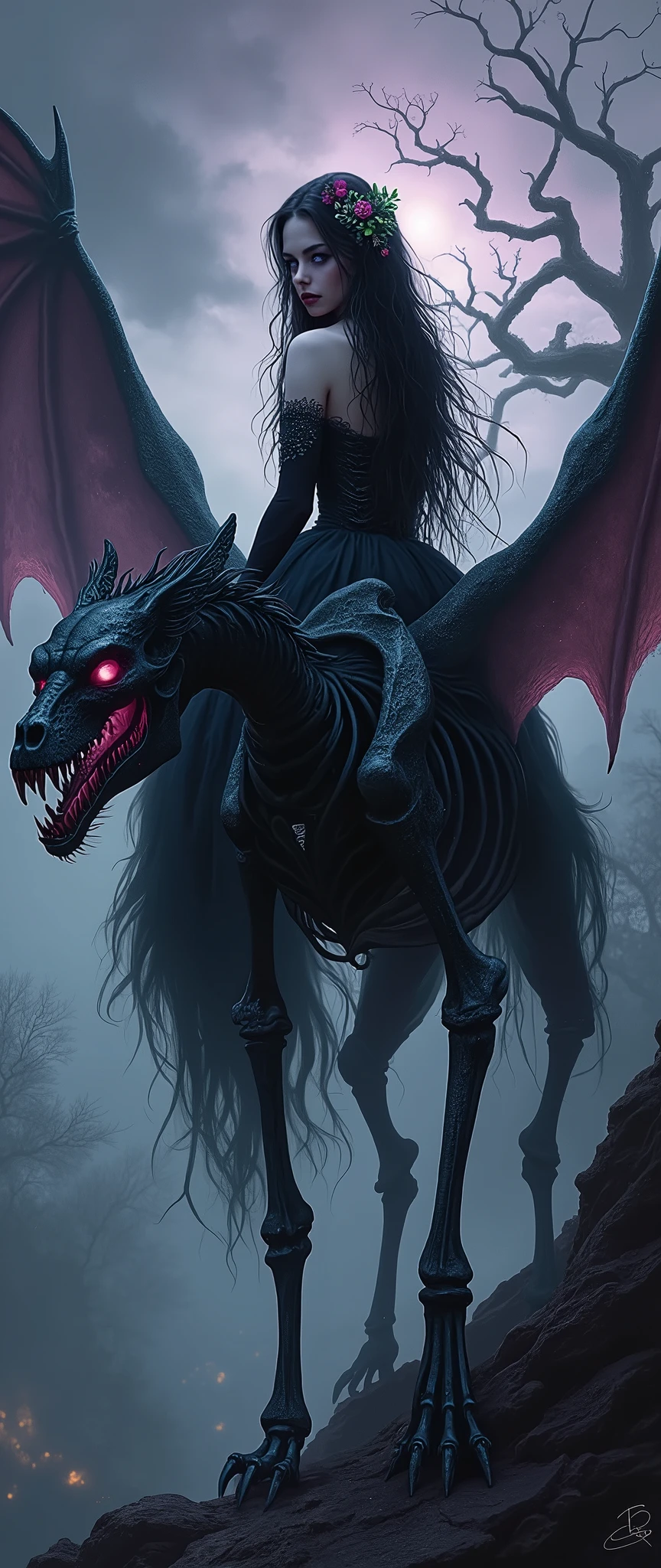 A hauntingly beautiful digital painting of a witch-like woman astride a skeletal, winged beast in a surreal, shadowy realm. Her long, ebony hair, woven with delicate, luminescent flowers, cascades over her ornate, flowing gown that seems to shimmer with an eerie glow. The creature beneath her is a marvel of intricate bone structures, its wings outstretched as if to take flight. The backdrop is a twisted dreamscape, where gnarled trees reach out like spectral hands, and the sky is a swirling mix of deep purples and stormy grays, punctuated by faint, otherworldly lights. The atmosphere is steeped in gothic mysticism, evoking a sense of dark enchantment.