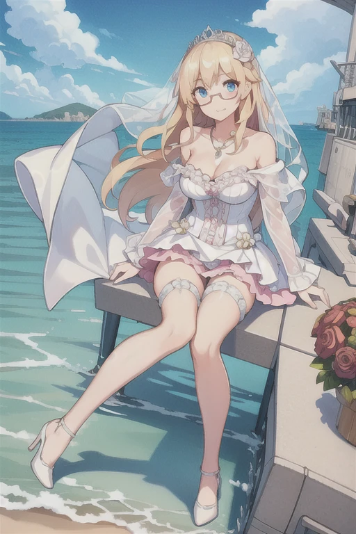 Hood \(warship girls r\),((masterpiece)),(((best quality))),((ultra-detailed)),((illustration)),((disheveled hair)),((frills)),(1 girl),(solo),1girl,ahoge,bare legs,bare shoulders,bird,blue sky,blush,bouquet,braid,breasts,bridal veil,bride,church,cleavage,closed mouth,cloud,cloudy sky,collarbone,curtains,day,dress,earrings,eyebrows visible through hair,flower,full body,hair between eyes,hair ornament,high heels,horizon,jewelry,large breasts,leg garter,looking at viewer,medium breasts,necklace,ocean,off shoulder,outdoors,pink flower,pink rose,red eyes,rose,sitting,sky,smile,solo,strapless,strapless dress,table,thighs,tiara,vase,veil,wedding,wedding dress,white dress,white flower,white footwear,white rose,wind,window, under-rim eyewear,Blue eyes with highlights,Blonde long hair(delicate eyes),