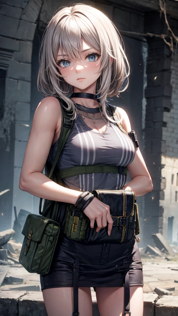 In the ruined city，Handheld Barrett，wearing a grenade pouch，