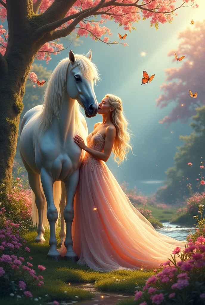 Big beautiful wonderland blonde hair princess kissing perfect tall and handsome prince white horse stand by them and around in such a dream world view 