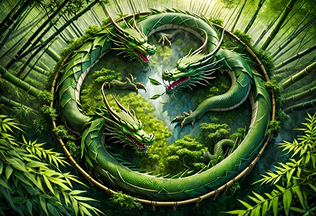 Bamboo Forest, 2 fantasy oriental dragons Yin and Yang chase one another in circles disturbing the canopy of the forest, high fantasy, viewed from above looking down at an angle