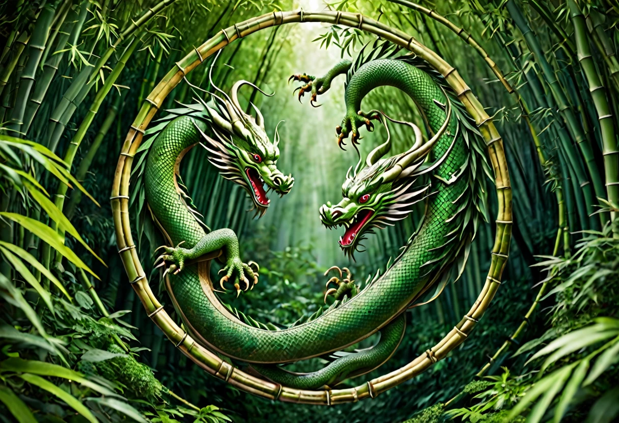 Bamboo Forest, 2 fantasy oriental dragons Yin and Yang chase one another in circles disturbing the canopy of the forest, high fantasy, viewed from above looking down at an angle