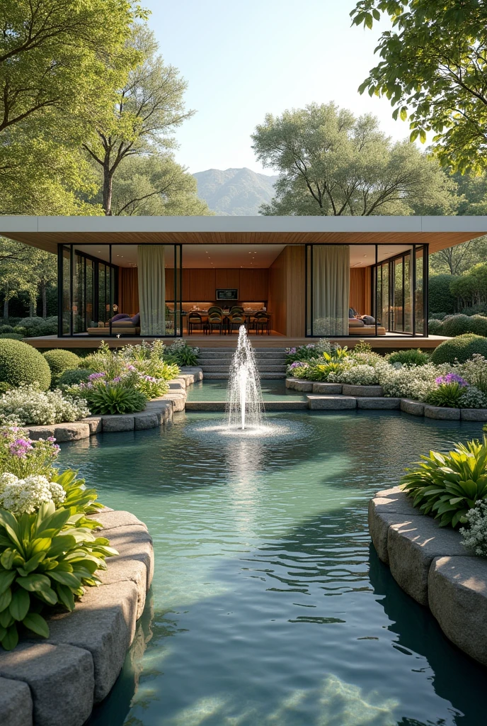 Create a house plan with a garage, quarter, Bathroom, living room, dining room, kitchen and have a view of the garden where there will be a fountain and a garden behind that will have animals and trees  