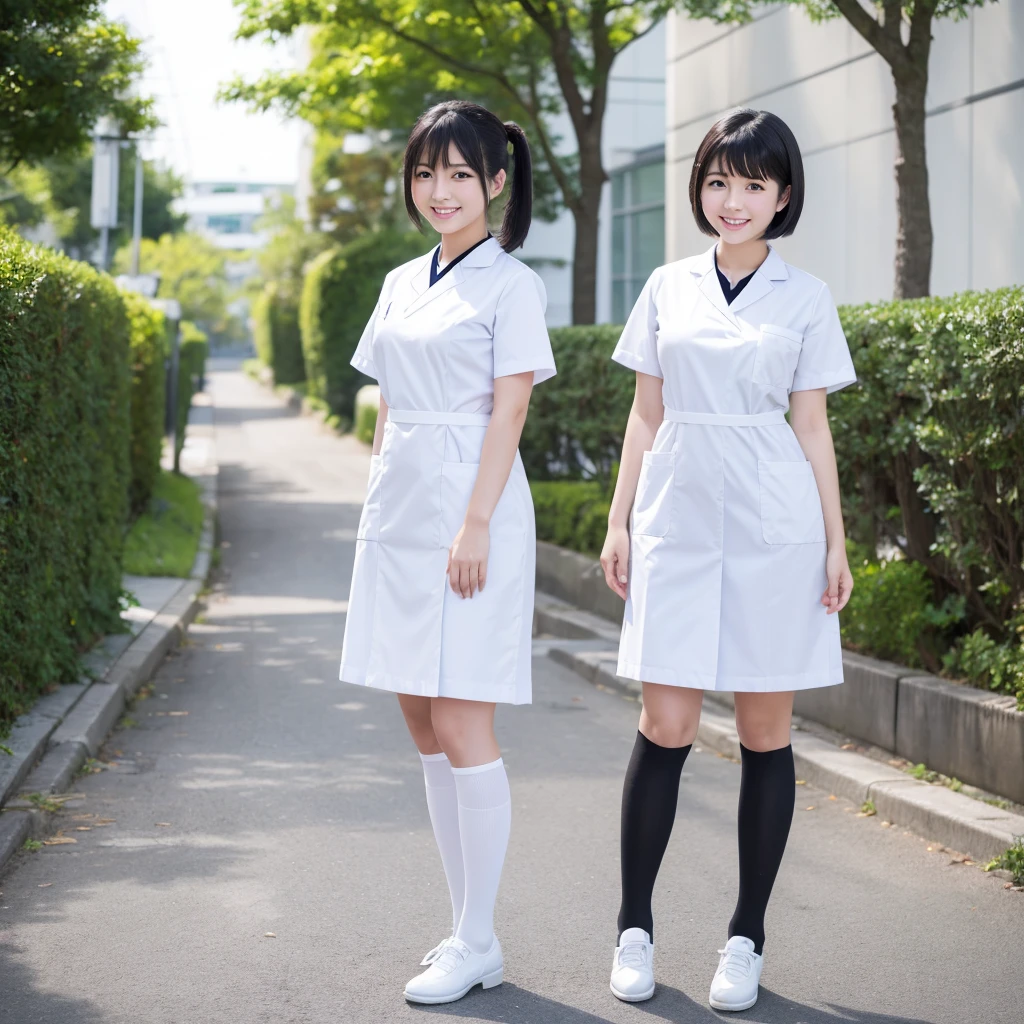 White knee-high socks、Nurse uniform、White pumps、Japanese women、whole body、Black Hair、short hair、Standing posture、smile、 High resolution, Gaze, Anatomically correct, Highest quality、20-year-old