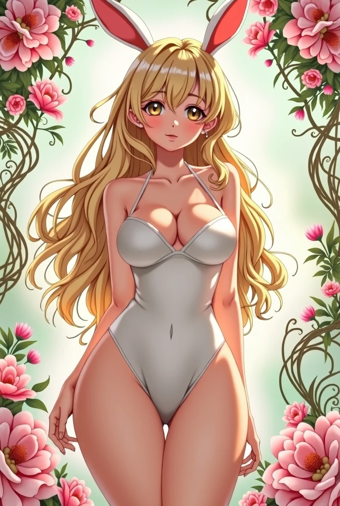 art nouveau、Bunny girl、An anime character wearing rabbit ears and a white swimsuit, looking embarrassed., What it is？, marisa kirisame, kirisame marisa,, From desire, Also, yuyushiki, Bunny girl costume、Watery eye、Fulfill desires、beautiful、Big Breasts、Sexy pose、forcibly